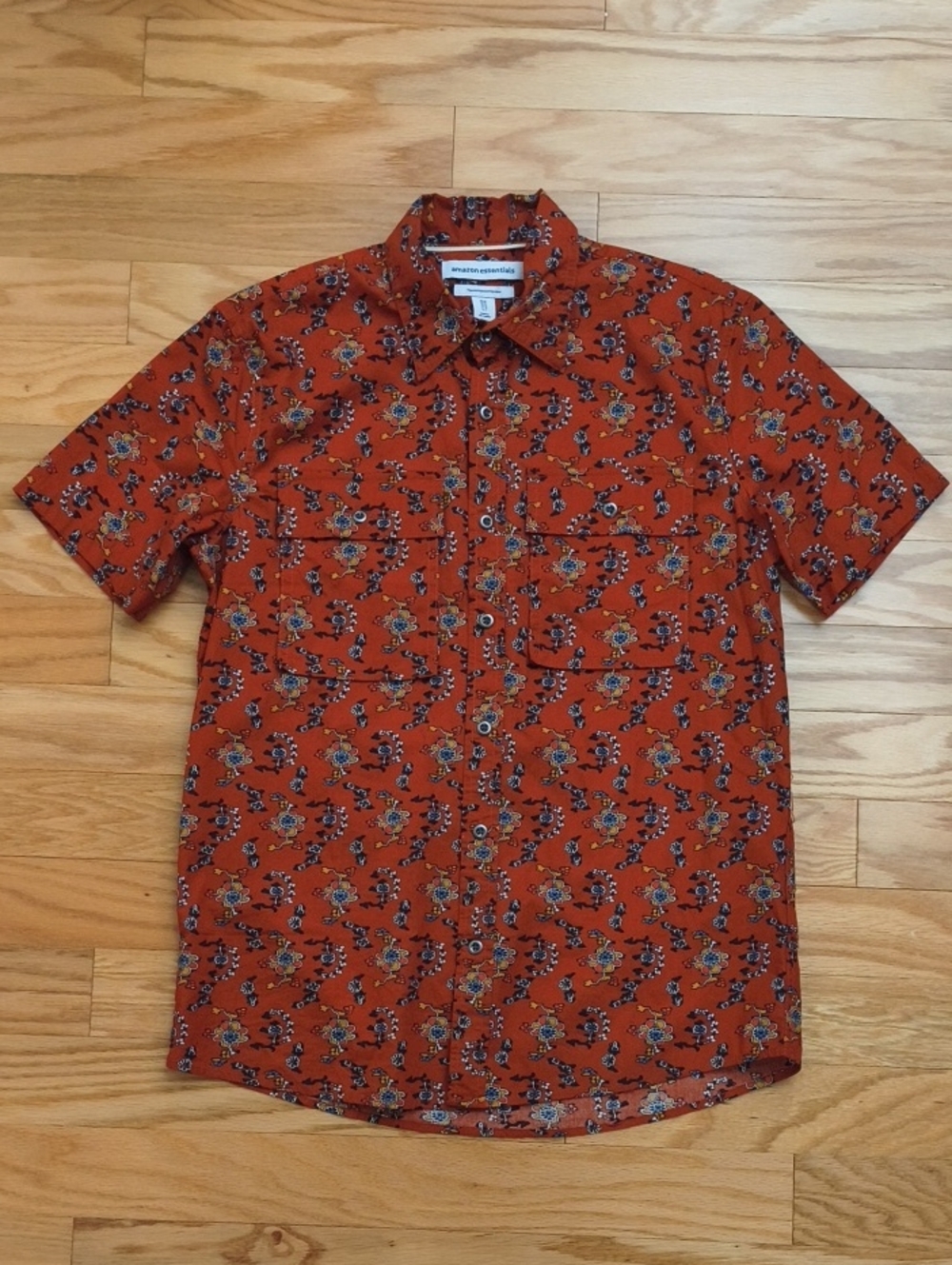 Amazon Essentials Rust Orange Floral Short-Sleeve Button-Up Shirt Size M NWOT